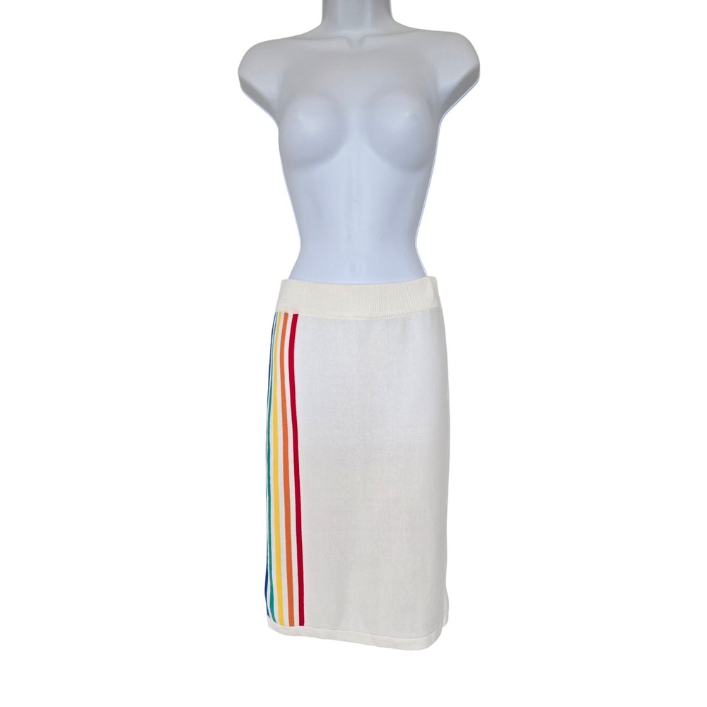 OSKNIT White Rainbow Stripe Knit Midi Skirt Retro 70s Y2K Preppy Dopamine Chic S - Picture 2 of 7